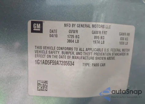 2010 Chevrolet Cobalt Lt from USA, damaged, VIN 1G1AD5F59A7205634
